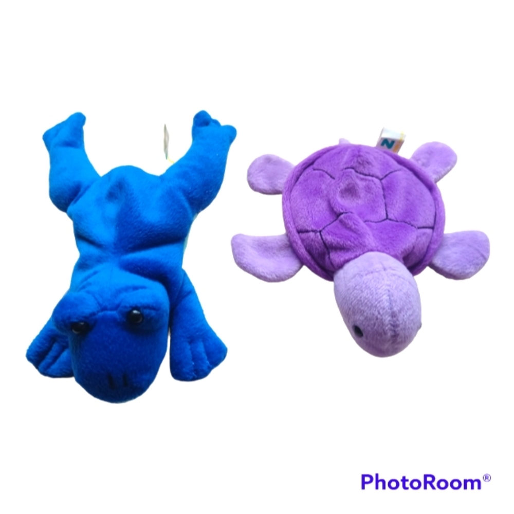 2 VTG Zangeen soft Beanie Plush stuffed Blue Frog -1996 purple tortoise -1996